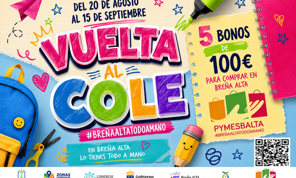 «Vuelta al Cole 2026» con 5 bonos de 100 euros para comprar en Breña Alta